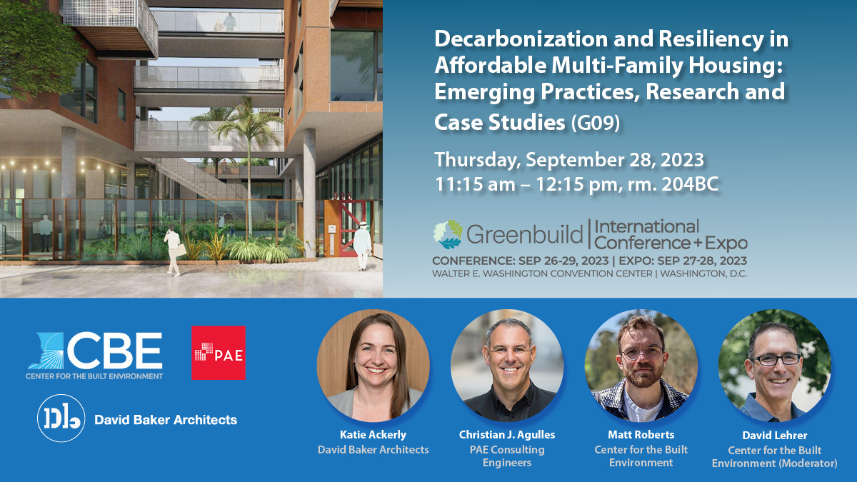 Greenbuild banner on decarbonzing resilient and affordable multi-family housing